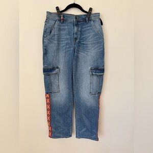 Johnny Was Blue Denim Cargo Jeans with Red Trim